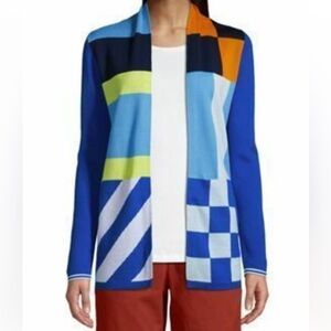 Lands End Multicolor Color Block Open Cardigan Blue Orange White Pockets Artsy S